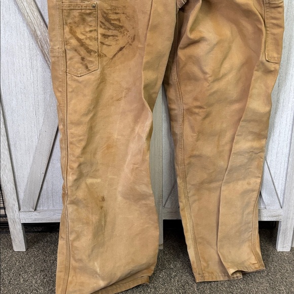 Thrashed vintage 80s or 90s carhartt unlined beige double knee duck overall bibs - Picture 9 of 11